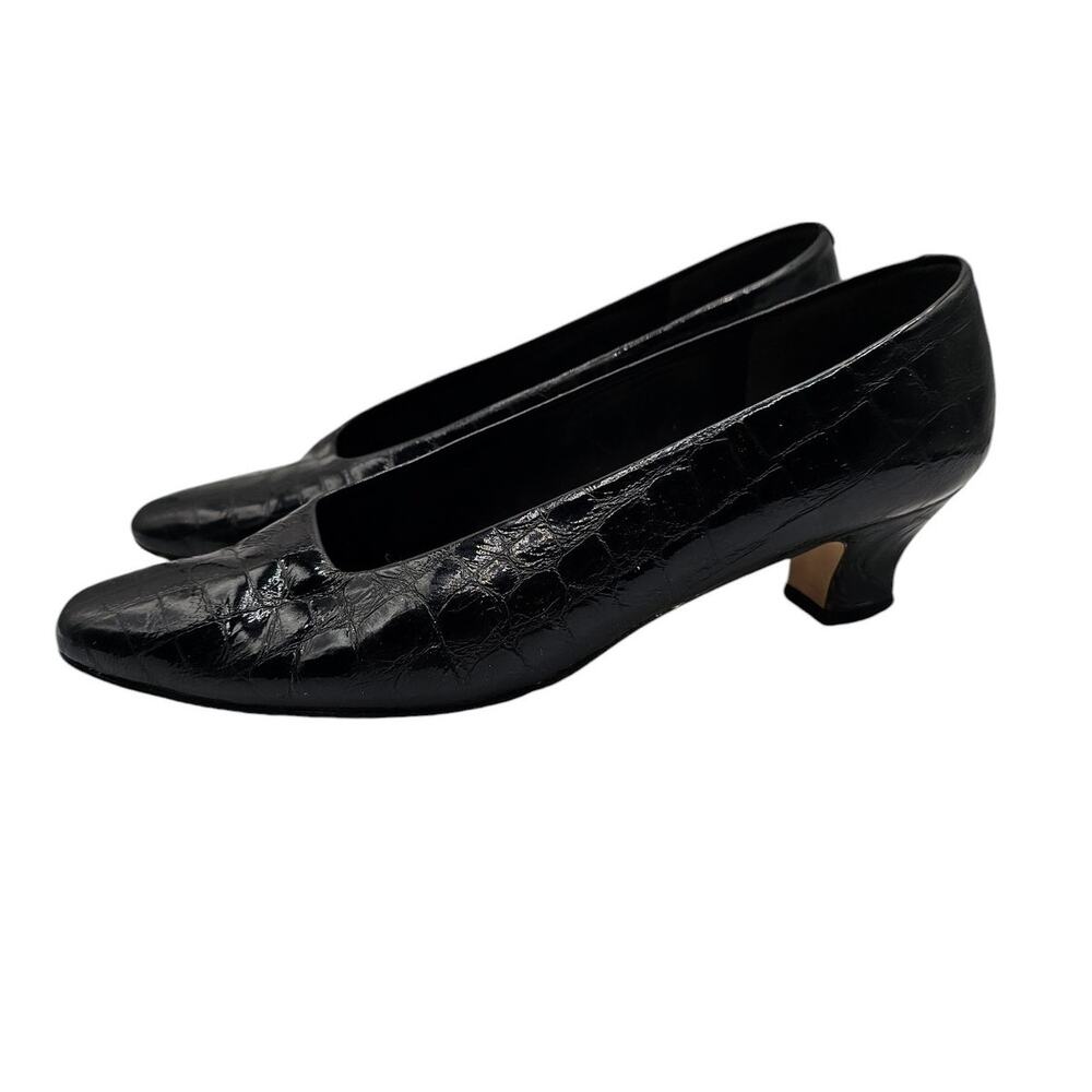 Vintage Bandolino Womens Sz 9.5 Kitten Heel Black Leather Crock Heels